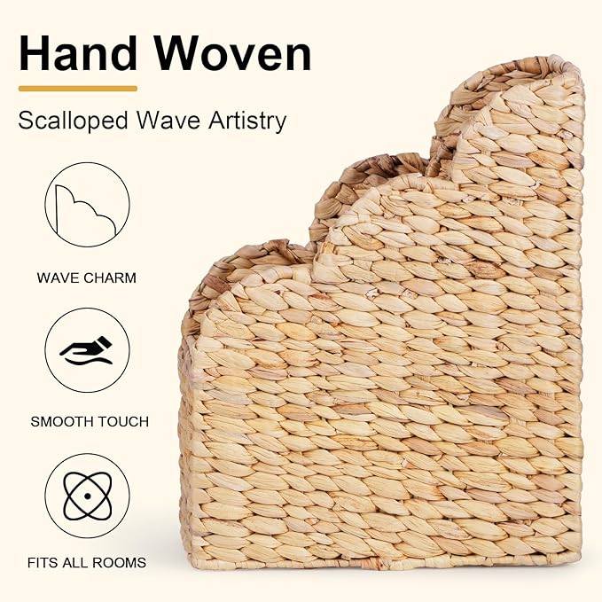 BROWNLILY Water Hyacinth Magazine Holders with Scalloped Edge - Natural Handwoven Rattan Storage Baskets Set of 2 (Large & Small) for Books, Home Office Decor