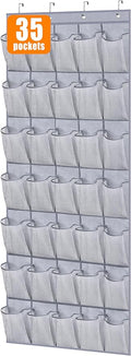MISSLO 35 Large Pockets Over The Door Shoe Organizer Sturdy Oxford Fabric Hanging Shoe Rack for Door Mesh Closet Shoe Holder Hanger, Grey