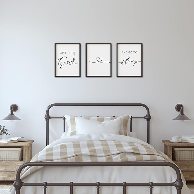 Set of 3 Framed Farmhouse Give it to God and Go to Sleep Signs 11x14” Above Bed Wall Decors for Bedroom Wood Signs (11x14 inches, Black)