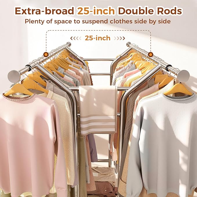 Luxspire Heavy Duty Clothes Rack Load 650 LBS, Double Rod Clothing Racks for Hanging Clothes, Rolling Garment Racks with Lockable Wheels, Shelves, Adjustable Laundry Hanging Rack, Silver