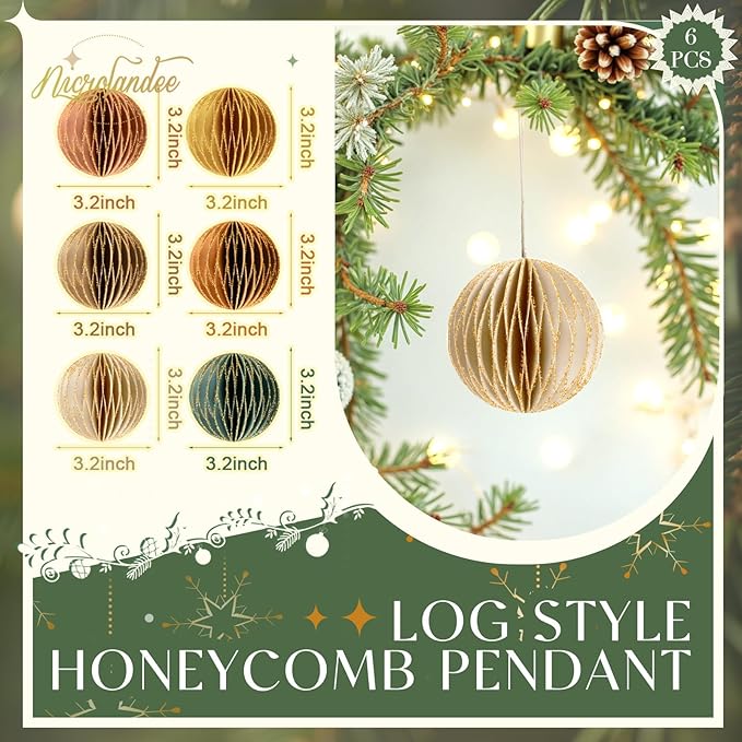 NICROLANDEE Christmas Hanging Decorations, 6 PCS Nature Round Glitter Edge Paper Honeycomb Ornaments, Green Brown Mini Paper Lanterns Ornament for Christmas Tree Décor, New Years Party Home Decor