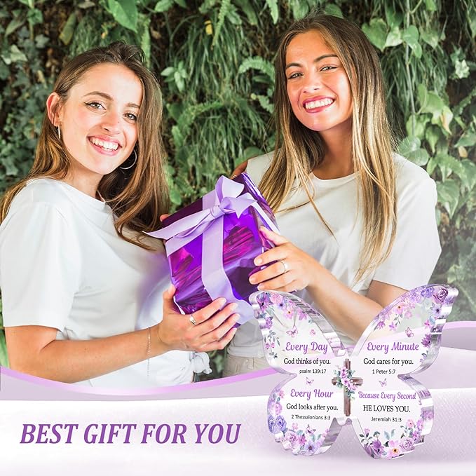 Christian Gifts for Women Faith, Butterfly Acrylic Plaque Decoration, Birthday Gifts for Women, Spiritual Present for Female Friend Family, Office Desk Decor for Woman, 5x3.8x0.5 Inch - Purple