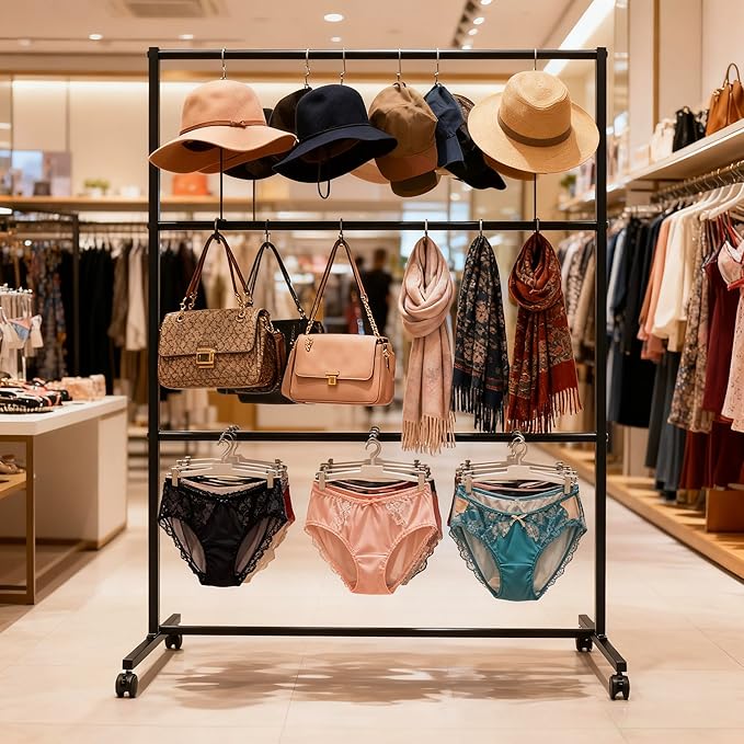 3 Tiers Rolling Display Tie & Scarf Rack Bras Underwear Shorts Socks Hats Gloves Belt Towel Accessories Organizer Holder for Home Commercial Clothing Retail Store, Floor Standing Hijab Stand