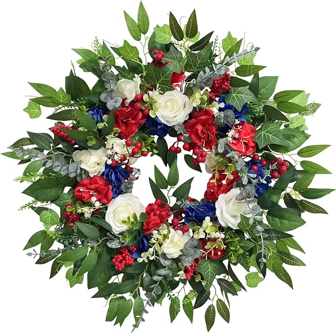 24 Inch 4th of July Wreath, Patriotic Wreaths for Front Door, Red White Blue Spring Summer Door Wreaths for Independence Day,Memorial Day Wreaths for Front Door Wall Window Decor