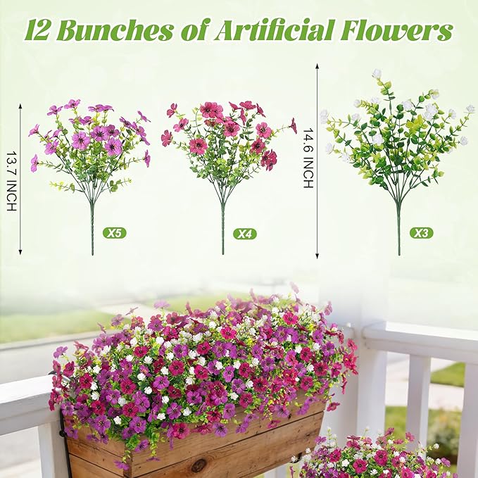 Artificial Flowers for Outdoors Spring Decoration, 12 Bundles Fake Flower Daisy with Realistic Eucalyptus Leaves, Faux Plants for Greenery Boxwood Porch Patio Garden Pot Lawn