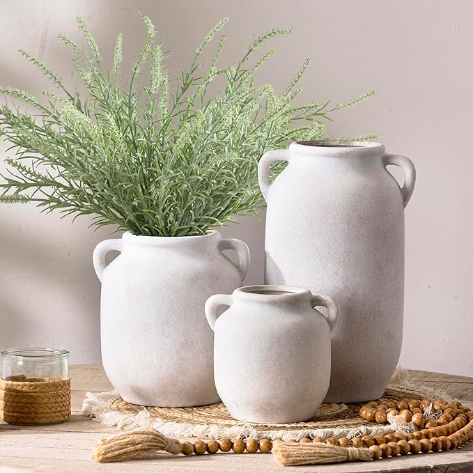 Ceramic Flower Vase Home Decor - 7.6 Inch Farmhouse Rustic White Table Vases with Handle Living Room Decoration Decorative Vintage Pottery for Kitchen Shelf Coffee Dining Desk Bookshelf Fireplace