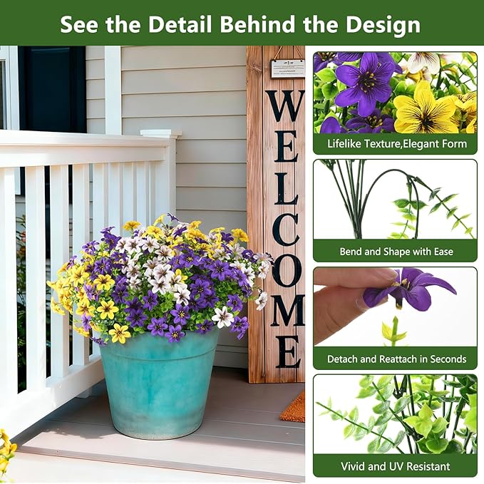 Artificial Flowers for Outdoor Faux Flower Spring Decoration, 12 Bundles Fake Plants Silk Daisy Bulk UV Resistant Realistic for Outside Porch Patio Balcony Planter Yard Garden Home Decor(Mixed 3)