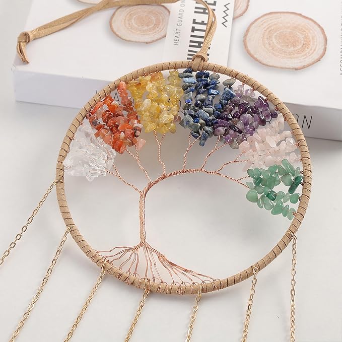 7 Chakra Wind Chimes Raw Stone Tree of Life Dream Catchers Hanging Ornament Natural Crystal Wind Chime for Home Garden Decoration(Gold)