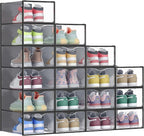 SONGMICS Shoe Boxes, Shoe Storage Organizers Rack for Closet, Plastic Stackable Sneaker Containers Case, 18 Pack, Transparent and Ink Black ULSP318B01