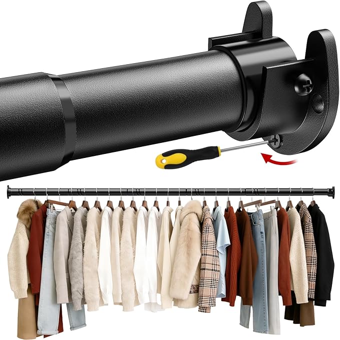 17 to 84 Inch Closet Rods for Hanging Clothes with Screwdriver, Stepless Adjustable Closet Rod Heavy Duty, 1.3 Inch Clothes Hanging Rod Metal Closets Pole Bar for Wardrobes Laundry Bathroom RV, Black