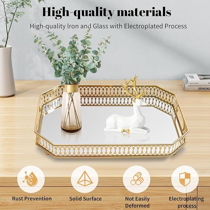 Vintage Gold Mirrored Vanity Mirror Tray Decorative Perfume and Makeup Organizer with Handles for Dresser,Bathroom or Jewelry Display, Decor Home Large Size (Large)