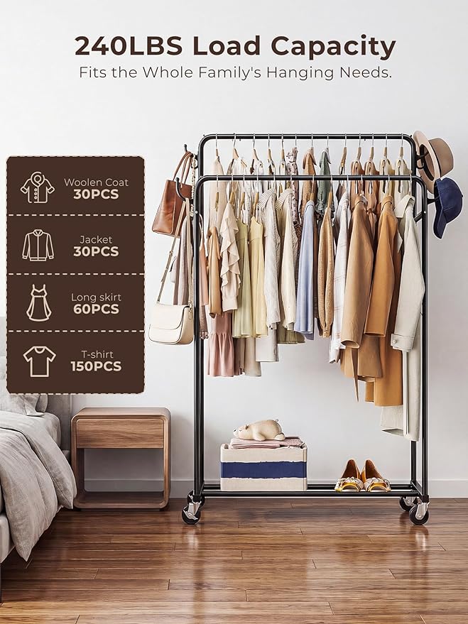 Clothes Rack, Rolling Clothing Rack with Double Rods for Hanging Clothes, Portable Garment Rack with Wheels, Metal Wardrobe Closet Organizer for Bedroom and Laundry Room