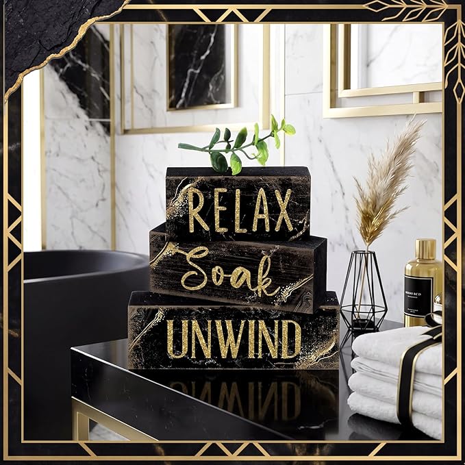 Moucuny 4 Pcs Black and Gold Bathroom Shelf Decor Sign Farmhouse Bathroom Decor and Accessories Rustic Eucalyptus Leaves Block Sign Gift Relax Soak Unwind Farmhouse Table Centerpiece for Home Toilet