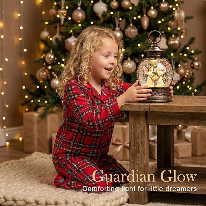 9.7'' Christmas Angel Snow Globe, Musical Lighted Water Lantern, Retro Decoration with Swirling Glitter, USB Powered and Battery Operated, Xmas Home Décor Gift (Baby Jesus with Angel)