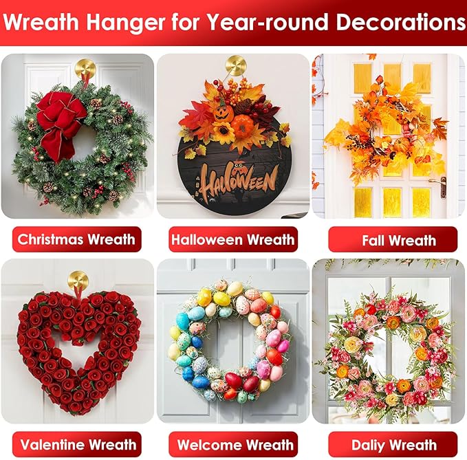Gold Wreath-Hanger, 22 LB Strong Stainless Steel Suction-Cup-Wreath-Hooks, 2 Pack Wreath-Door-Hanger Fall Halloween Christmas Decorations, Welcome Sign for Front Door Indoor Outdoor, Reusable Holder