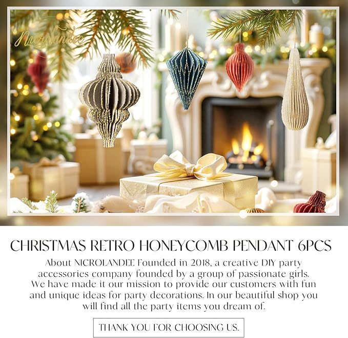 NICROLANDEE Christmas Decorations, 6 PCS Christmas Paper Honeycomb Ornaments with Glitter Edge, Mini Hanging Paper Lanterns for Christmas Tree Decoration Xmas Holiday Party New Year Decor
