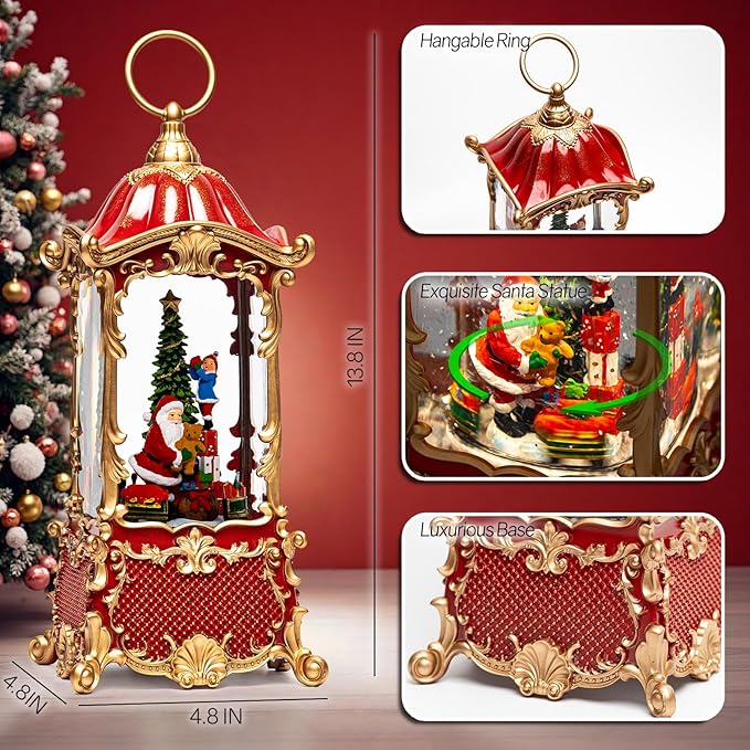 14" Christmas Snow Globe Lantern with Santa Claus - Swirling Glitter LED Light Musical Water Lantern with Rotatable Interior - Vintage Xmas Gifts - USB Plug or Battery Operated Home Decor (Palace Red)