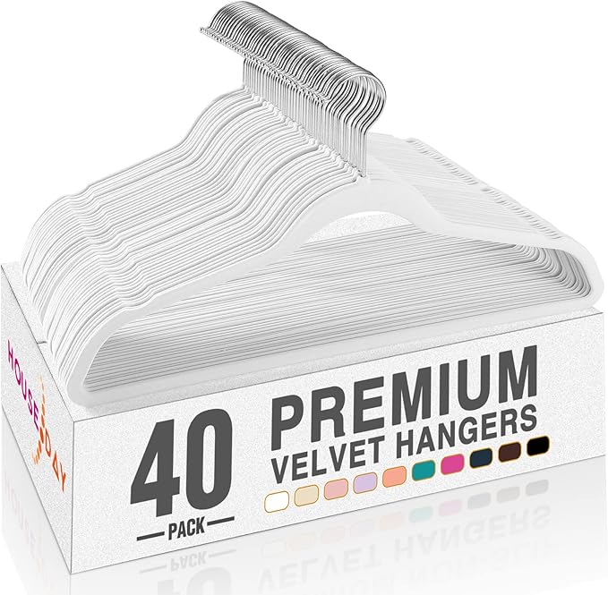 HOUSE DAY White Velvet Hangers 40 Pack, Non Slip Clothes Felt Hanger Heavy Duty for Coat, Premium Slim Space Saving Suit Hangers for Closet Organizer, 360° Rotating Silver Hook