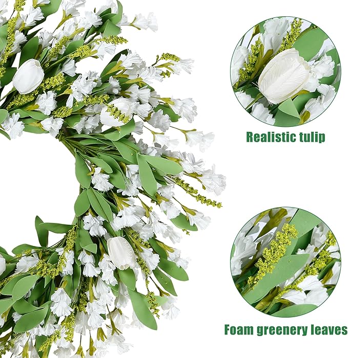 Sggvecsy Spring Summer Wreath for Front Door 22 Inch Artificial White Flower with White Tulips Greenery Leaves Lavender for All Seasons Home Farmhouse Indoor Outdoor Wall Decor