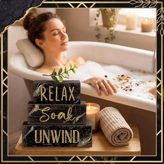 Moucuny 4 Pcs Black and Gold Bathroom Shelf Decor Sign Farmhouse Bathroom Decor and Accessories Rustic Eucalyptus Leaves Block Sign Gift Relax Soak Unwind Farmhouse Table Centerpiece for Home Toilet