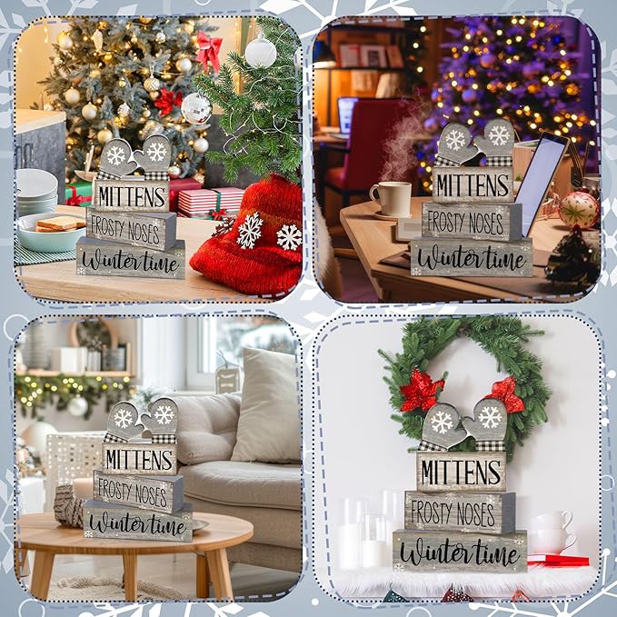 Lineshading 4 Pcs Winter Table Decorations Wooden Mittens Decor Winter Tiered Tray Decor Rustic Snowflake Mittens Block Signs Gift Farmhouse Christmas Centerpiece for Wonderland Party Kitchen Home
