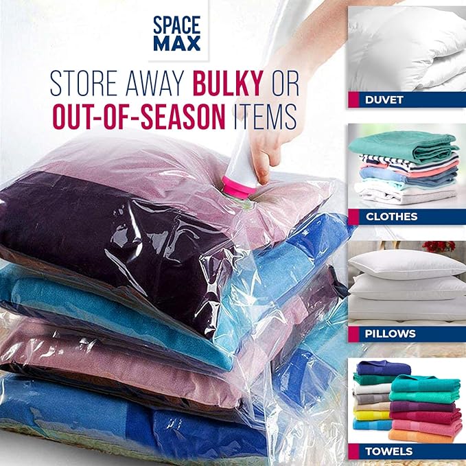 Medium 6 Pack | SPACE MAX Premium Space Saver Vacuum Storage Bags - Save 80% More Storage Space - Reusable, Double Zip Seal & Leak Valve, Includes Travel Hand Pump