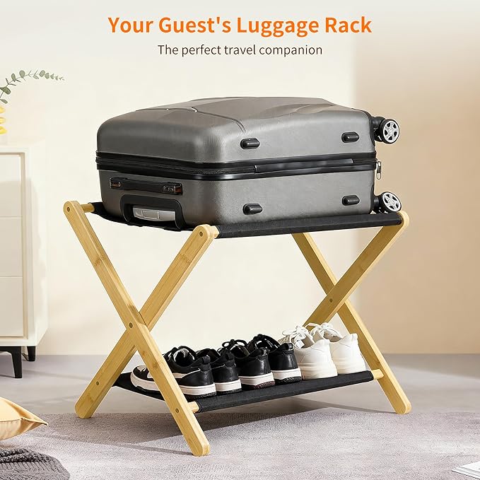 Heybly Luggage Rack, Folding Suitcase Stand with Storage Shelf, Heavy-Duty Luggage Holder for Guest Room Bedroom Hotel, Holds up to 165 lb, Natural, HLR010N1