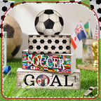 Moucuny 4 Pcs Soccer Table Decor Wooden Sport Tiered Tray Decor National Flags Table Centerpiece Decorative Classic Soccer Block Signs Gift Farmhouse Sports Decoration for Home Kitchen Shelf