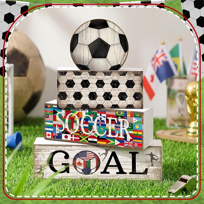 Moucuny 4 Pcs Soccer Table Decor Wooden Sport Tiered Tray Decor National Flags Table Centerpiece Decorative Classic Soccer Block Signs Gift Farmhouse Sports Decoration for Home Kitchen Shelf