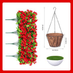 Artificial Faux Hanging Flowers Basket for Spring Summer Outdoor Outside Porch Decoration, Fake Silk Colorful Morning Glory Eucalyptus UV Resistant Look Real for Home Patio Balcony Yard(Red)