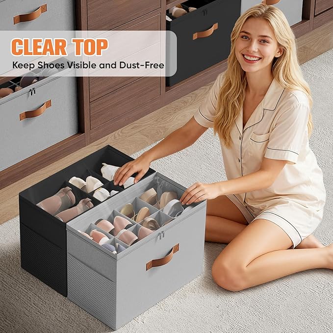 2 Pack Shoe Organizer for Closet,Foldable Shoe Storage Organizer with Adjustable Dividers, Shoe Storage Box with Clear Cover, Fits up to 16 Pairs,Black & Gray