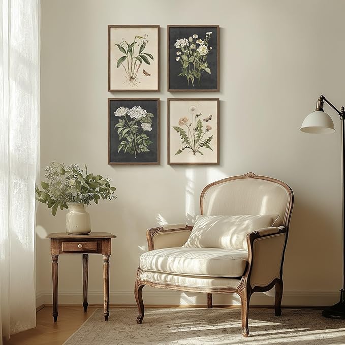 Framed Botanical Wall Art, 4 Piece Vintage Farmhouse Floral Canvas Painting Prints Artwork for Bathroom Walls, Rustic Flower Butterfly Pictures for Kitchen Bedroom Hallway Home Decor, 8x10 Inch