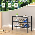 3 Tier Bamboo Shoe Rack for Closet Free Standing Wood Shoe Shelf Storage Organizer for Entryway Small Space Stackable 27"x11"x20" (Black)