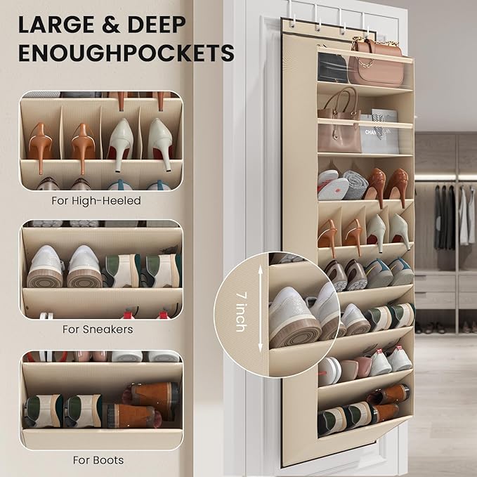 16-20 Pairs Over the Door Shoe Organizer, Clear Pockets Shoe Rack for Closet Door, Hanging Shoe Rack for Boots, Behind the Door Shoe Holder Fit All the Family's Sneakers, Boots, Heels, Beige