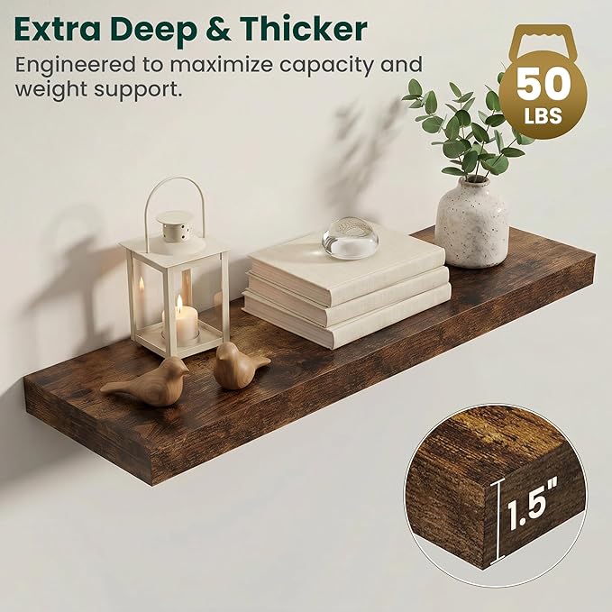 Floating Shelves for Wall 36 in x 9.3 in Deep, Wall Mounted Rustic Wood Shelf with Invisible Brackets for Storage & Display, Living Room Bedroom Bathroom, Brown, 2 Pack