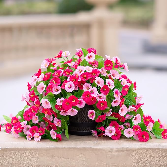 Artificial Flowers with Hanging Basket, Outdoor Faux Plants Silk Morning Glory Vines, Fake Green Arrangement for Garden Patio Spring Summer Decor(Hot Pink)