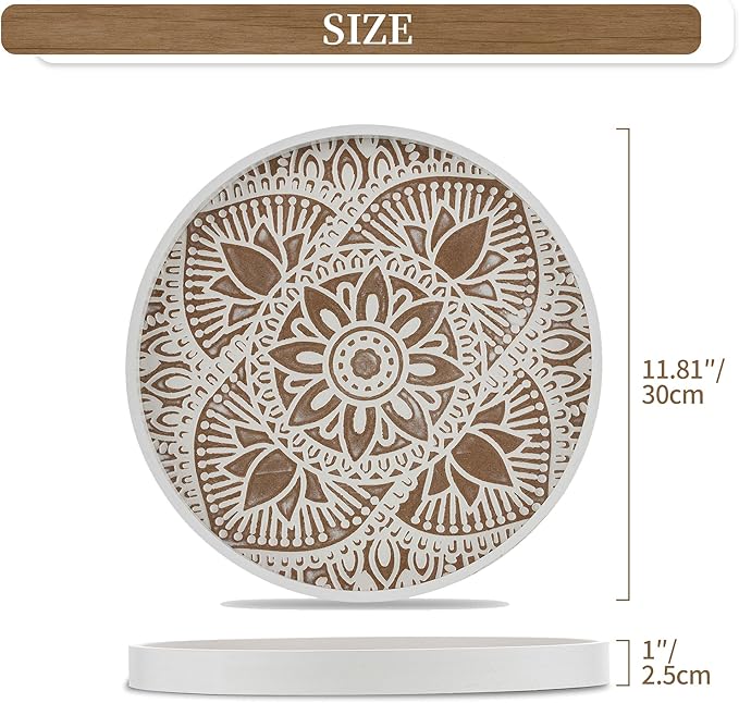 Hanobe Decorative Serving Tray Round: Farmhouse Coffee Table Decor Boho White Mandala Trays for Living Room Kitchen Bathroom Display