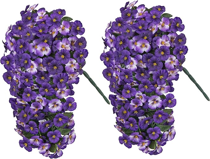 HyeFlora Artificial Flowers for Outdoors 2pcs Faux Silk Pansy Vines Lush UV Resistant Fake Hanging Flower Plants for Outside Porch Yard Patio Window Box (Mix Purple)
