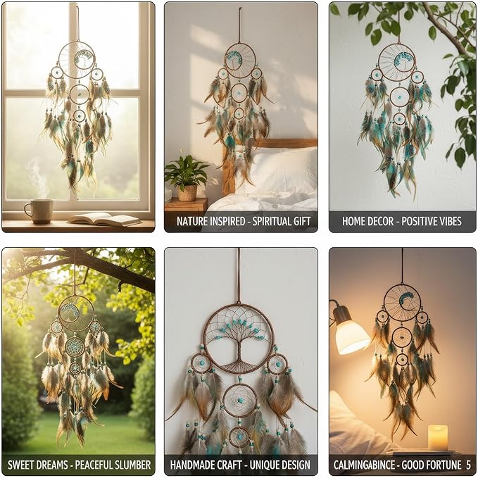 Life Tree Dream Catcher with Chakra Crystals - Handmade Brown Blue 5-Ring Wall Hanging for Bohemian Home Decor