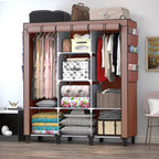 Portable Wardrobe with 10 Storage Racks and 2 Hanging Poles 6 Side Pockets Fleece Cover, Size 130 x 45 x 172 cm, Bedroom Closet Organizer (Coffee)