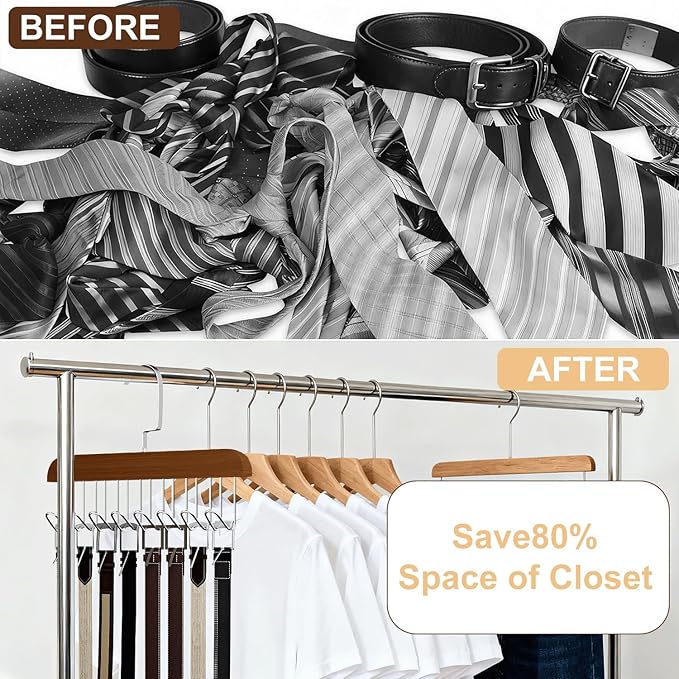 2 Pack Belt Hanger for Closet, Wooden Tie Racks Hanger with Upgraded 360°Rotating, Space-Saving Belt Holders with 8 Hooks, Closet Storage for Tie,Tank Top,Bra, Scarf,Hat