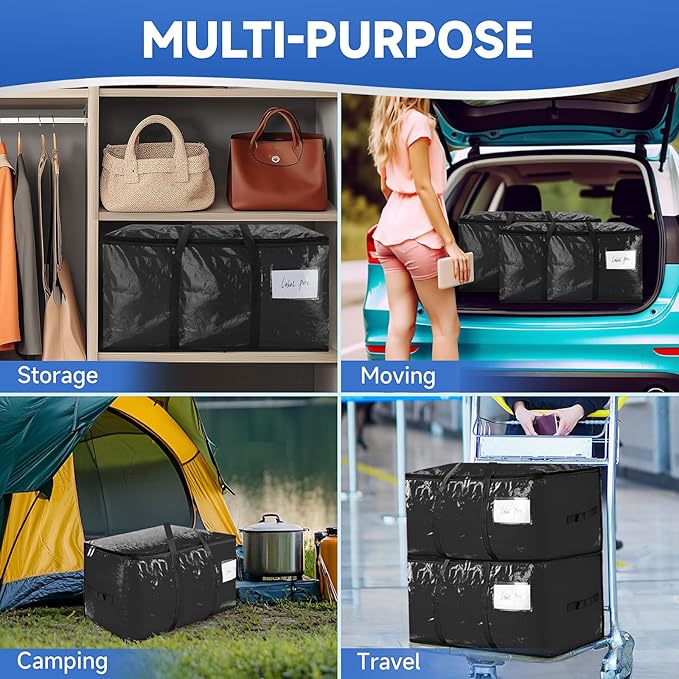 CONGREGATE 8-Pack Heavy Duty Black Moving Bags with Zippers and Handles, Heavy Duty Storage Handbags for Space Saving, Made of PE, 97 Liters/25.6 Gallons (28.7 Inch x 13.7 Inch x 15 Inch)