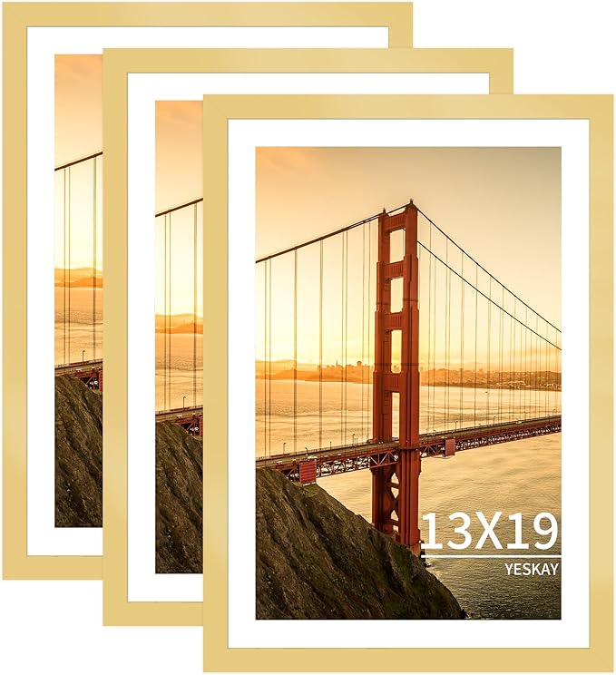 13x19 Picture Frame 3 Pack - Gold Poster Frame Display Pictures 11x17 with Mat or 13 x 19 Without Mat for Wall Hanging Horizontal and Vertical