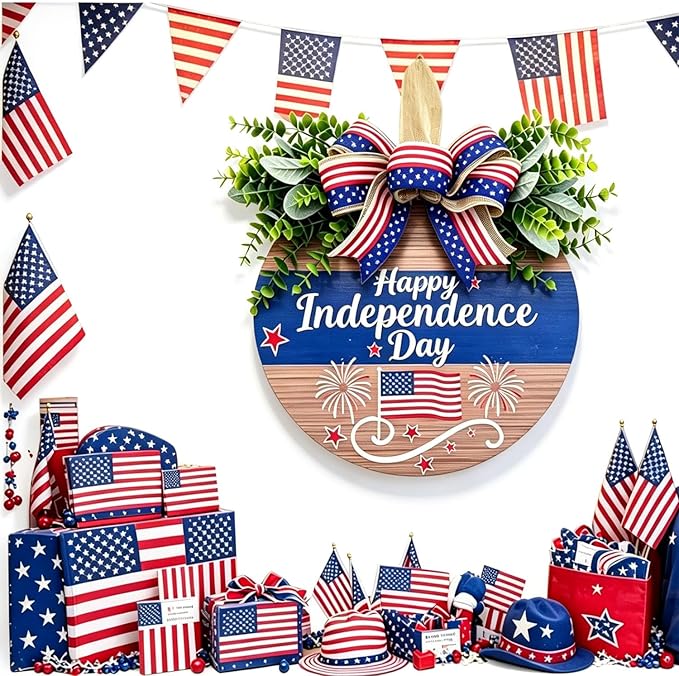 4th of July Wreaths Decorations for Front Door with Large Bow, USA 250th Anniversary Merchandise, Independence Day & Summer Patriotic Decorations for Garden & Patio (Color-Day)
