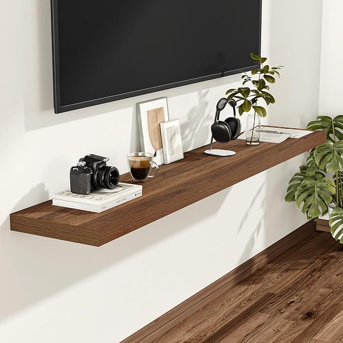 Vivelove Rustic Floating Shelves for Wall 12 Inch Deep, 48" X 12" X 1.5" Floating Shelf, 2 Inch Thick Shelf for Living Room Bathroom Bedroom Kitchen Office, Rustic Farmhouse Decor Set of 2, Walnut