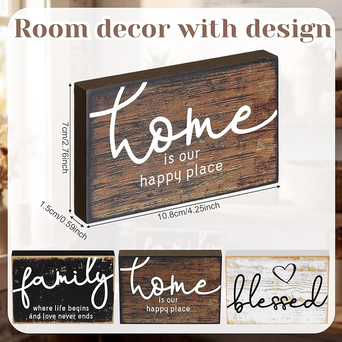 Jetec 3 Pcs Wooden Family Sign Rustic Blessed Home Wall Art Wood Wall Mini Decor Farmhouse Table Shelve Decoration Sign for Bedroom Kitchen Living Room Table Decor (Rustic Color,4.25 x 2.76 x 0.59 in)