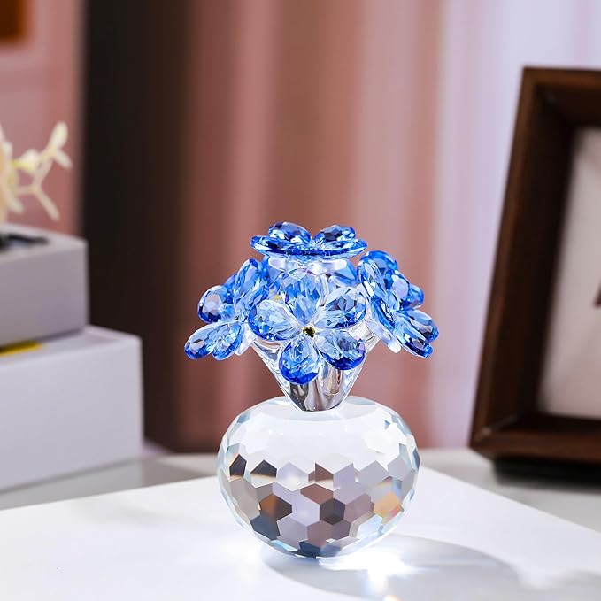 Qianwei Blue Crystal Flowers Figurine - Forget Me Not Gifts Sympathy Glass Flowers Collectible Figurines Decor Paperweight Ornament Home Office Table Desk Decorations