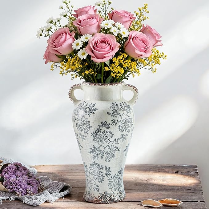 Enra Vintage vase with Handle,12.6 inch Blue and White Ceramic Decorative Flower vase, Chinoiserie Floral Vase,Large Rustic Vases for Home Decors, Living Room, Bookshelf, Office