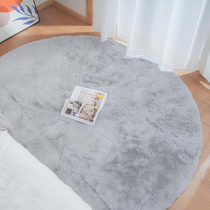 Washable Furry 5ft Round Area Rugs for Living Room Bedroom Light Grey Circle Faux Rabbit Shaggy Fur Rug Teen Room Décor