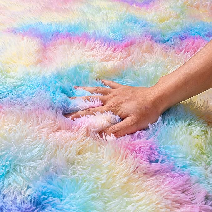 Small Area Rug, 2x3 Rainbow Rug for Bedroom Shaggy Throw Rugs for Girls Room, Soft Carpet for Kids Room, Plush Non-Slip Fluffy Bedside Rug for Living Room Nursery Dorm Home Decor